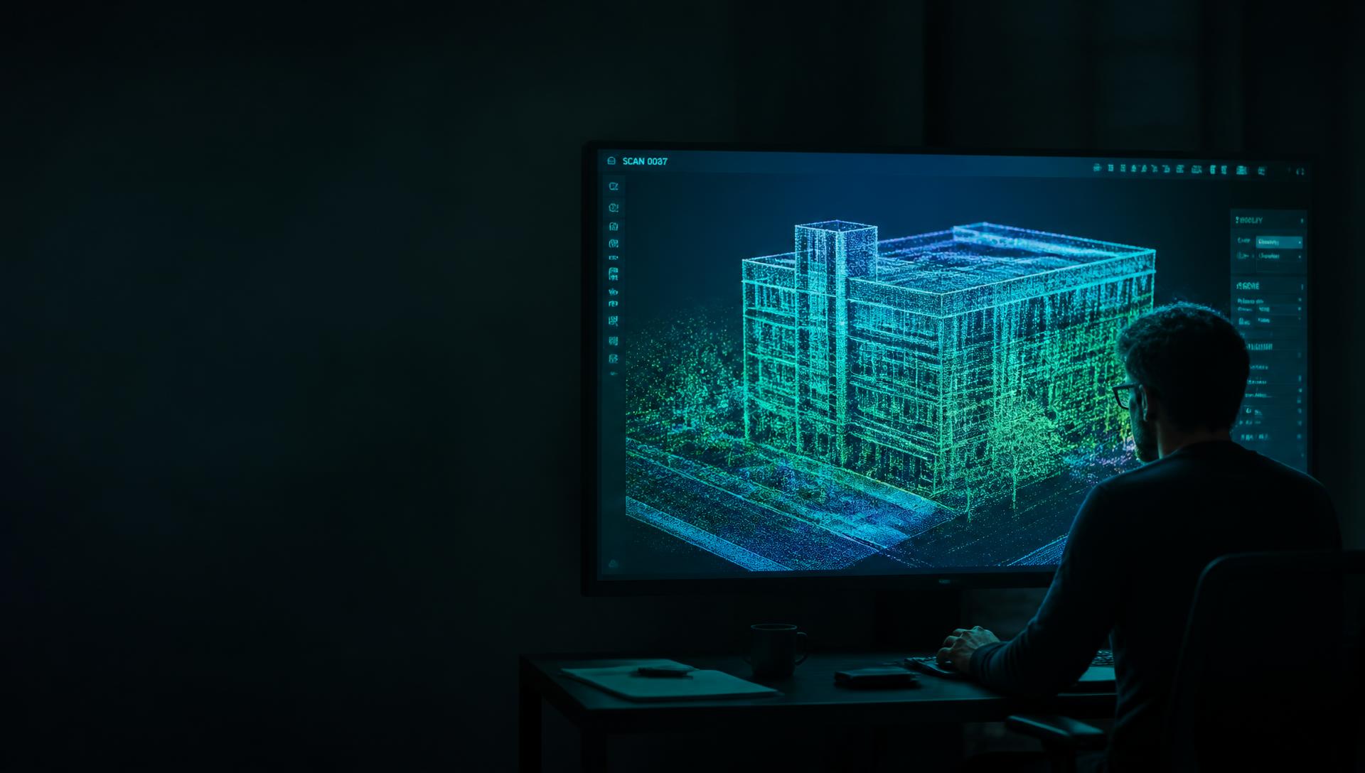Point Cloud of a building being edited on a large studio monitor